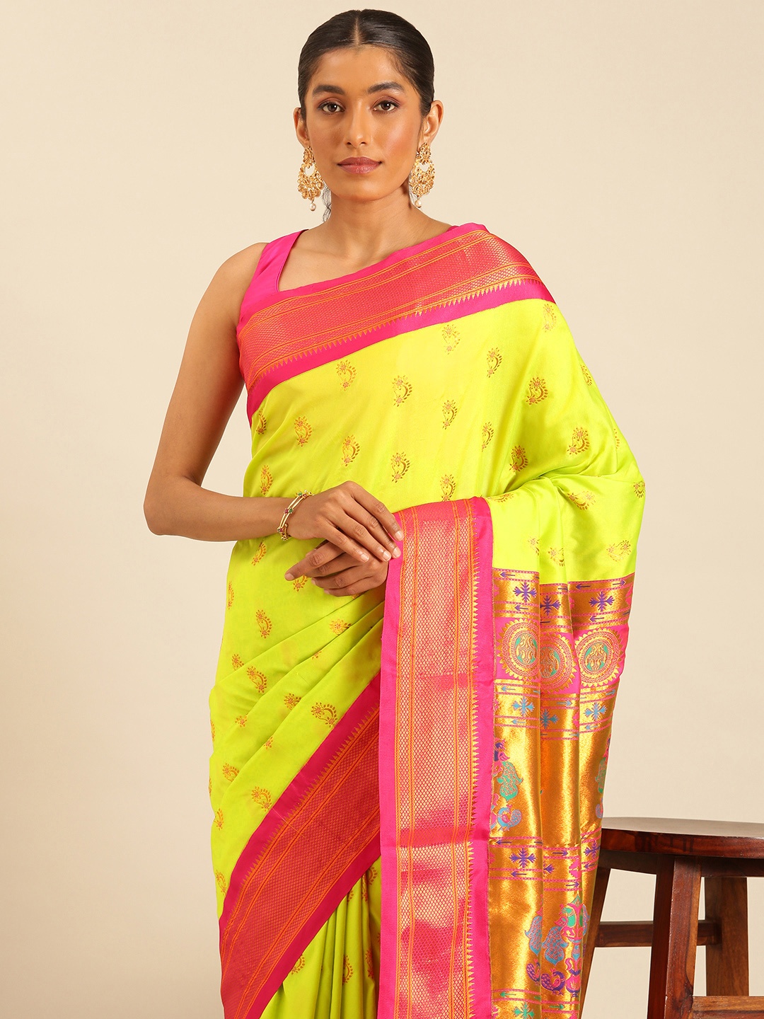 

Varkala Silk Sarees Ethnic Motifs Zari Silk Blend Paithani Saree, Fluorescent green