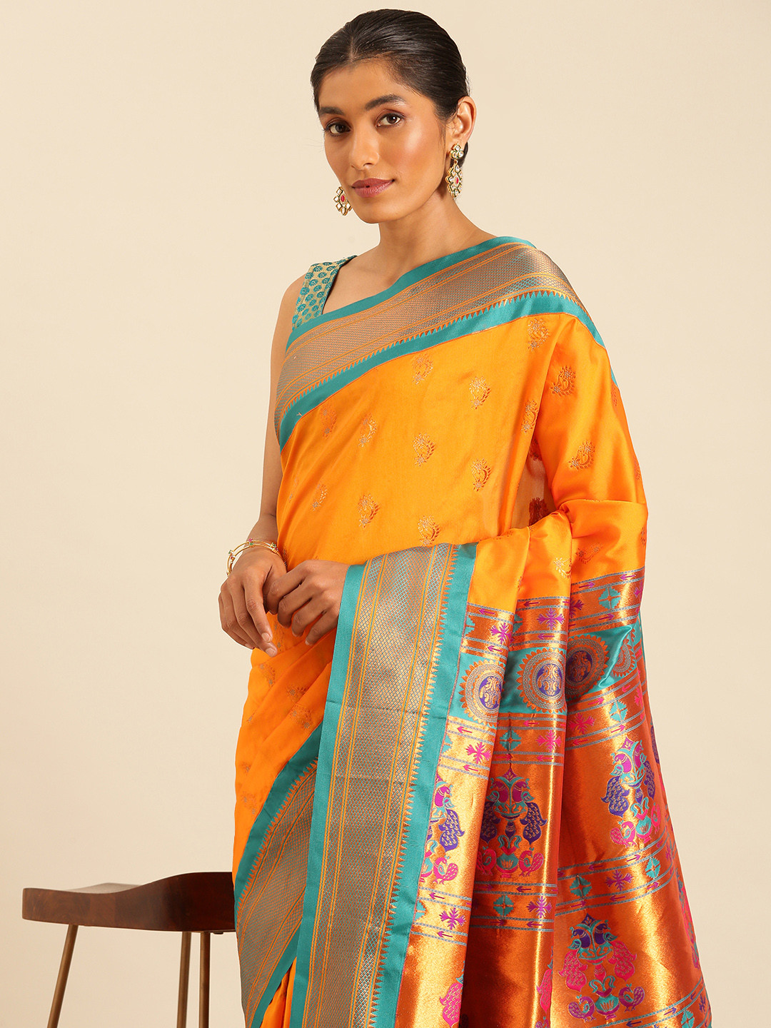 

Varkala Silk Sarees Ethnic Motifs Zari Silk Blend Paithani Saree, Orange