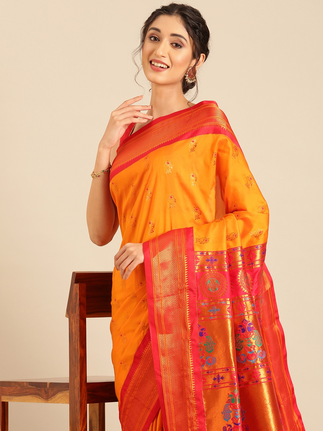 

Varkala Silk Sarees Ethnic Motifs Zari Silk Blend Paithani Saree, Orange