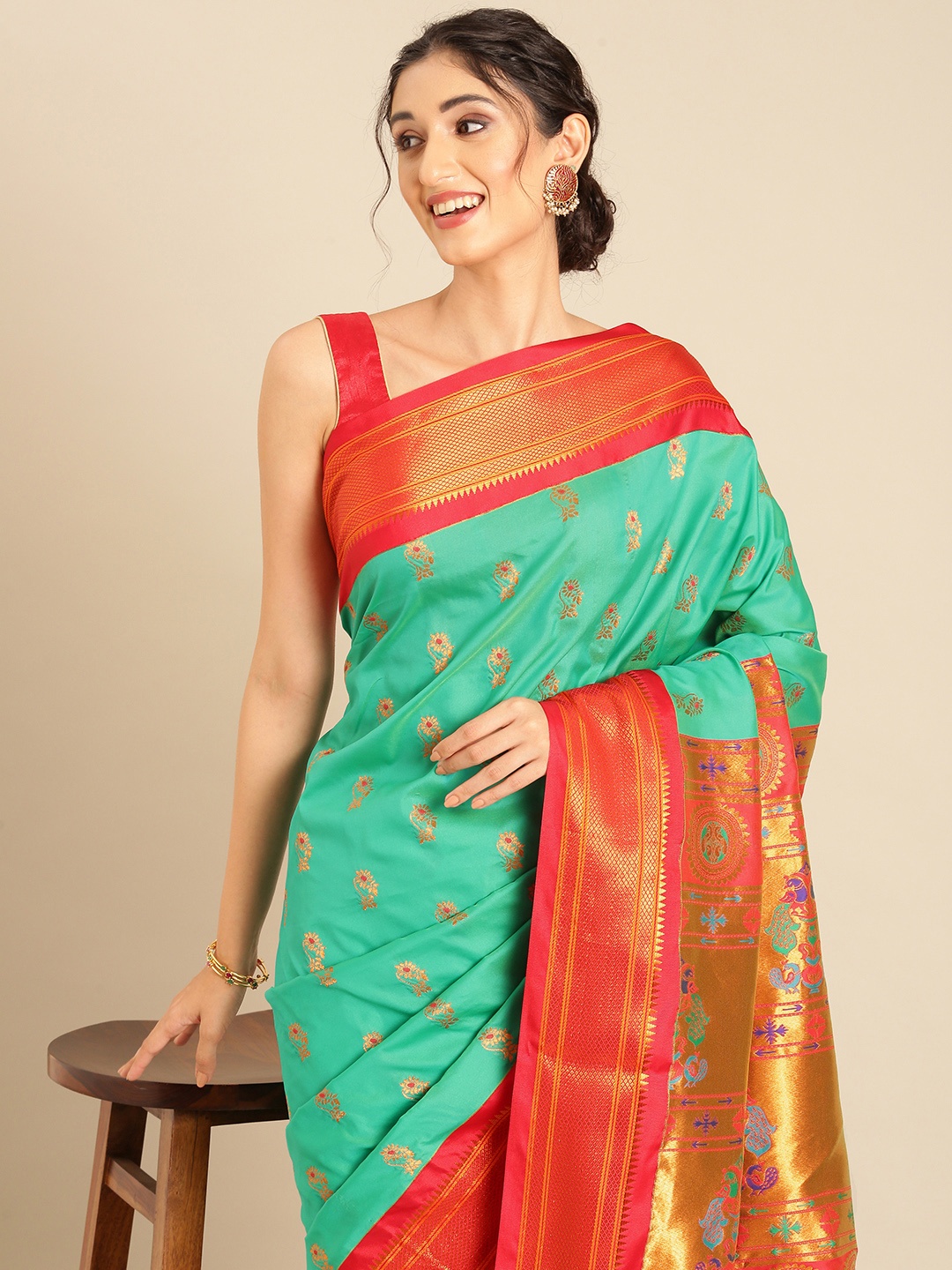 

Varkala Silk Sarees Ethnic Motifs Zari Silk Blend Paithani Saree, Sea green