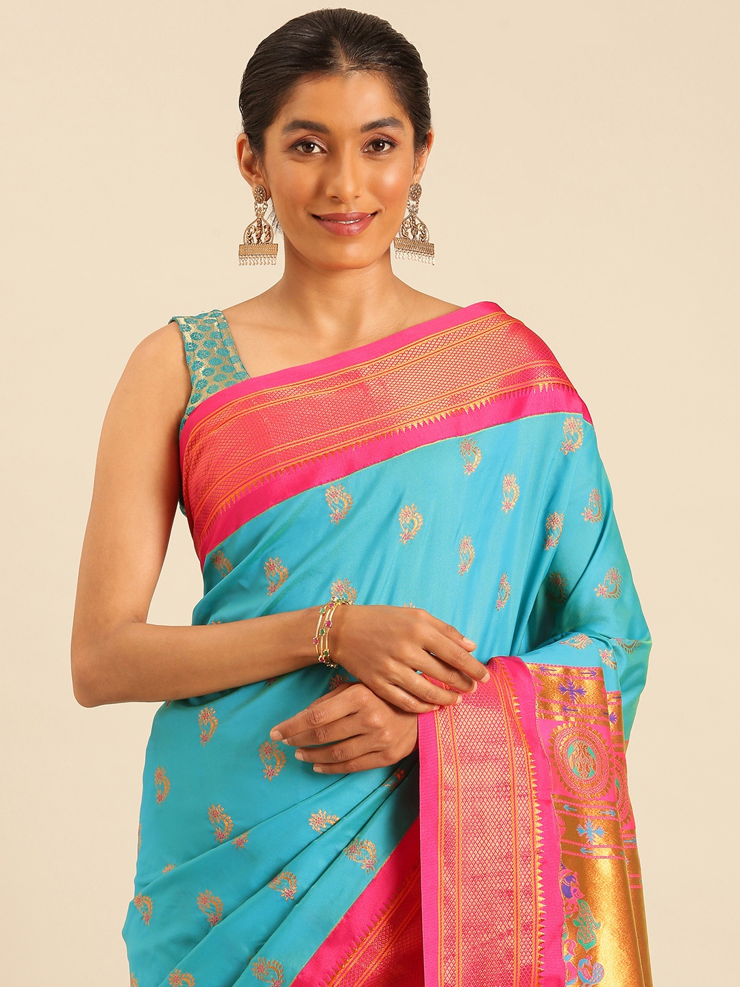 

Varkala Silk Sarees Ethnic Motifs Zari Silk Blend Designer Paithani Saree, Turquoise blue