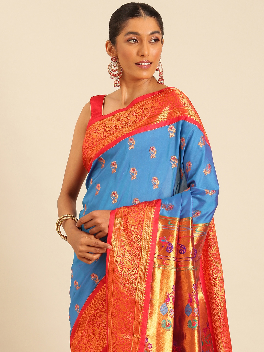 

Varkala Silk Sarees Ethnic Motifs Zari Silk Blend Paithani Saree, Turquoise blue