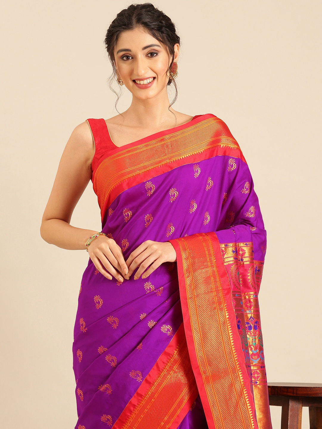 

Varkala Silk Sarees Ethnic Motifs Zari Silk Blend Paithani Saree, Purple