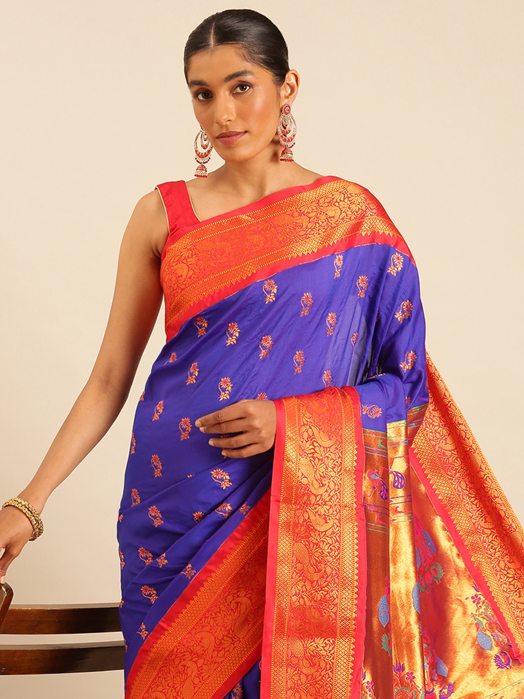 

Varkala Silk Sarees Ethnic Motifs Zari Silk Blend Paithani Saree, Blue