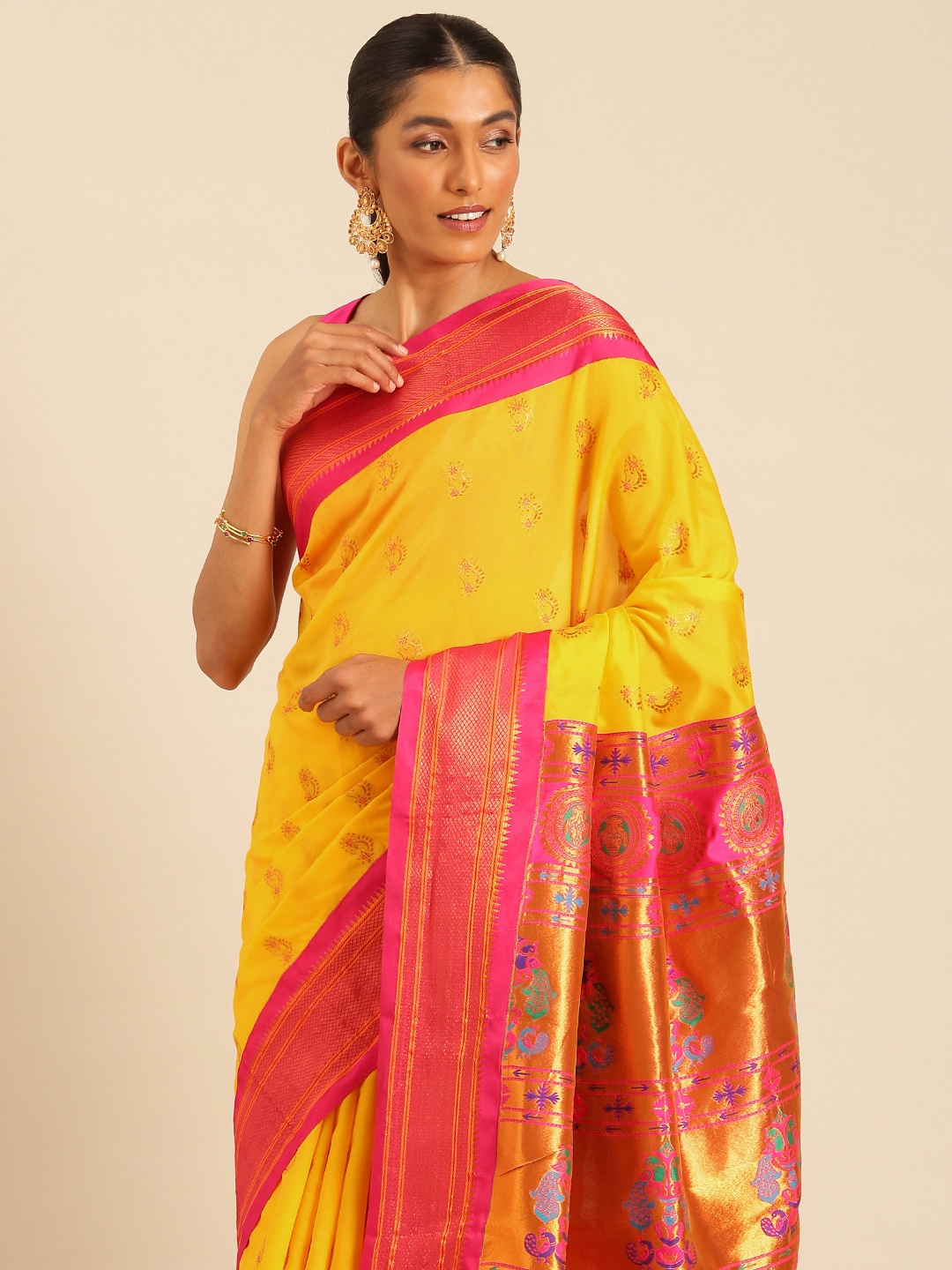 

Varkala Silk Sarees Ethnic Motifs Zari Silk Blend Paithani Saree, Gold