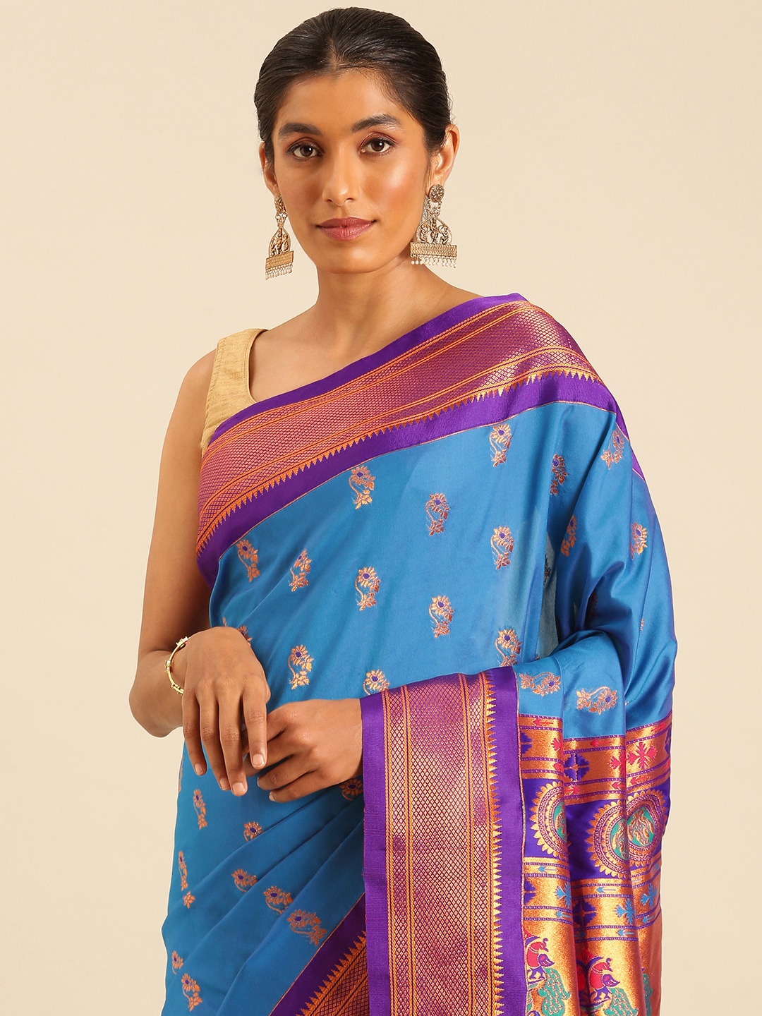 

Varkala Silk Sarees Ethnic Motifs Zari Silk Blend Paithani Saree, Turquoise blue