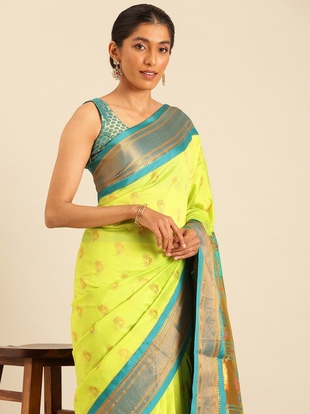 

Varkala Silk Sarees Ethnic Motifs Zari Silk Blend Paithani Saree, Fluorescent green