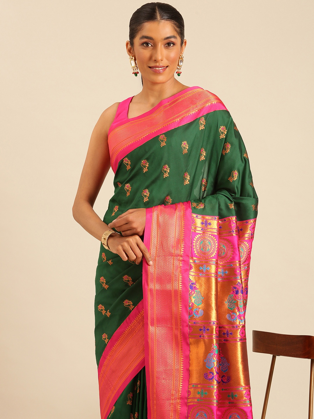 

Varkala Silk Sarees Ethnic Motifs Zari Silk Blend Paithani Saree, Green