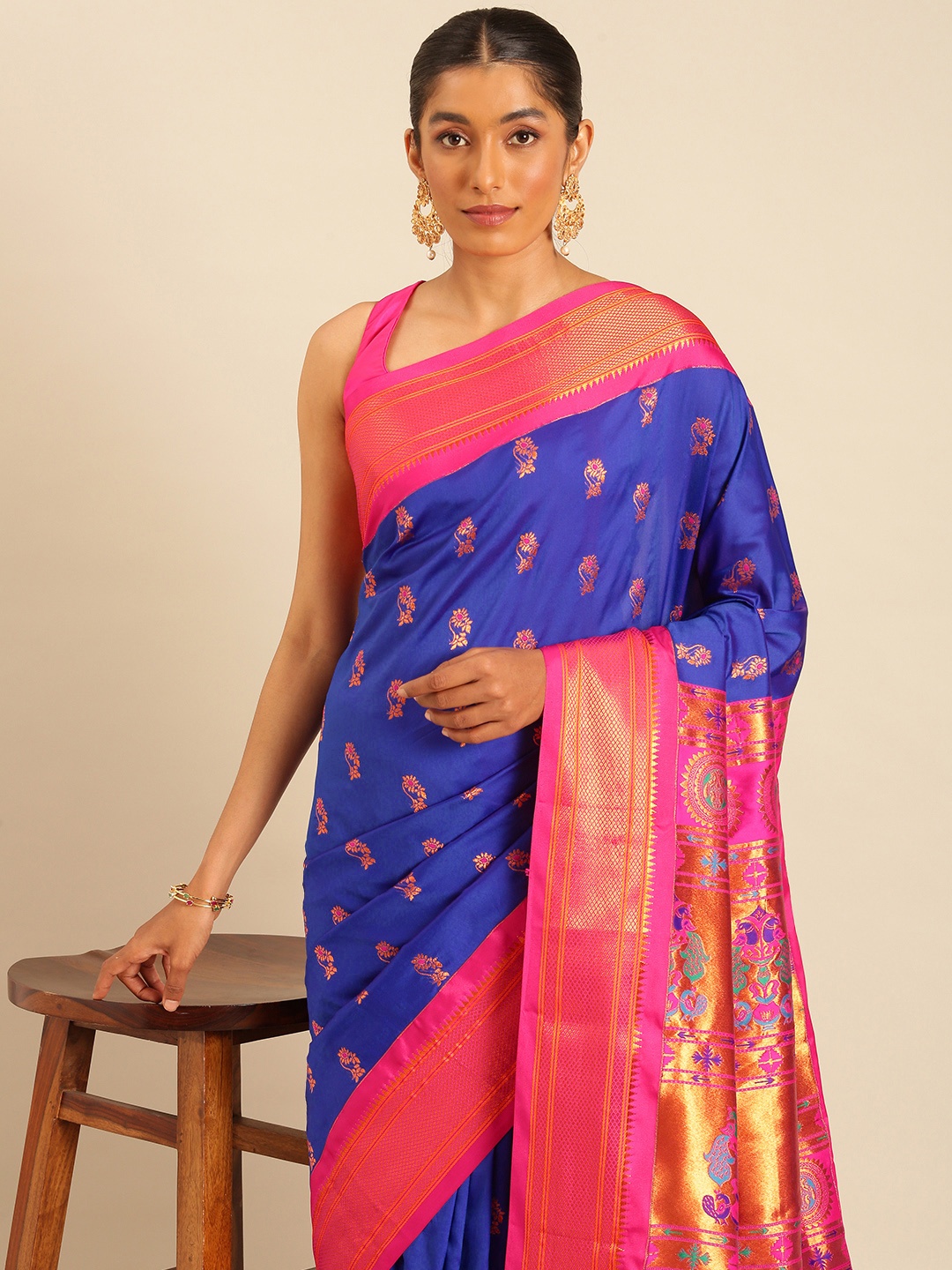 

Varkala Silk Sarees Ethnic Motifs Zari Silk Blend Paithani Saree, Blue
