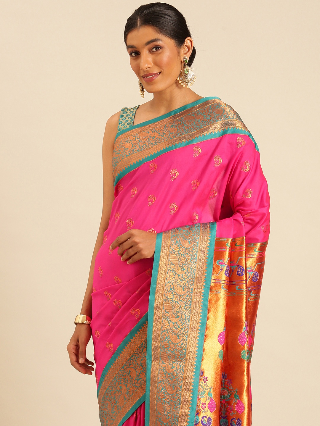 

Varkala Silk Sarees Ethnic Motifs Zari Silk Blend Paithani Saree, Pink