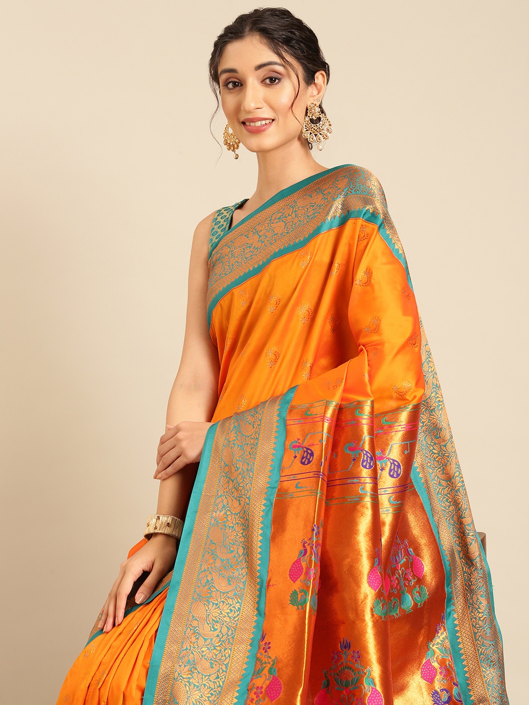 

Varkala Silk Sarees Ethnic Motifs Zari Silk Blend Paithani Saree, Orange