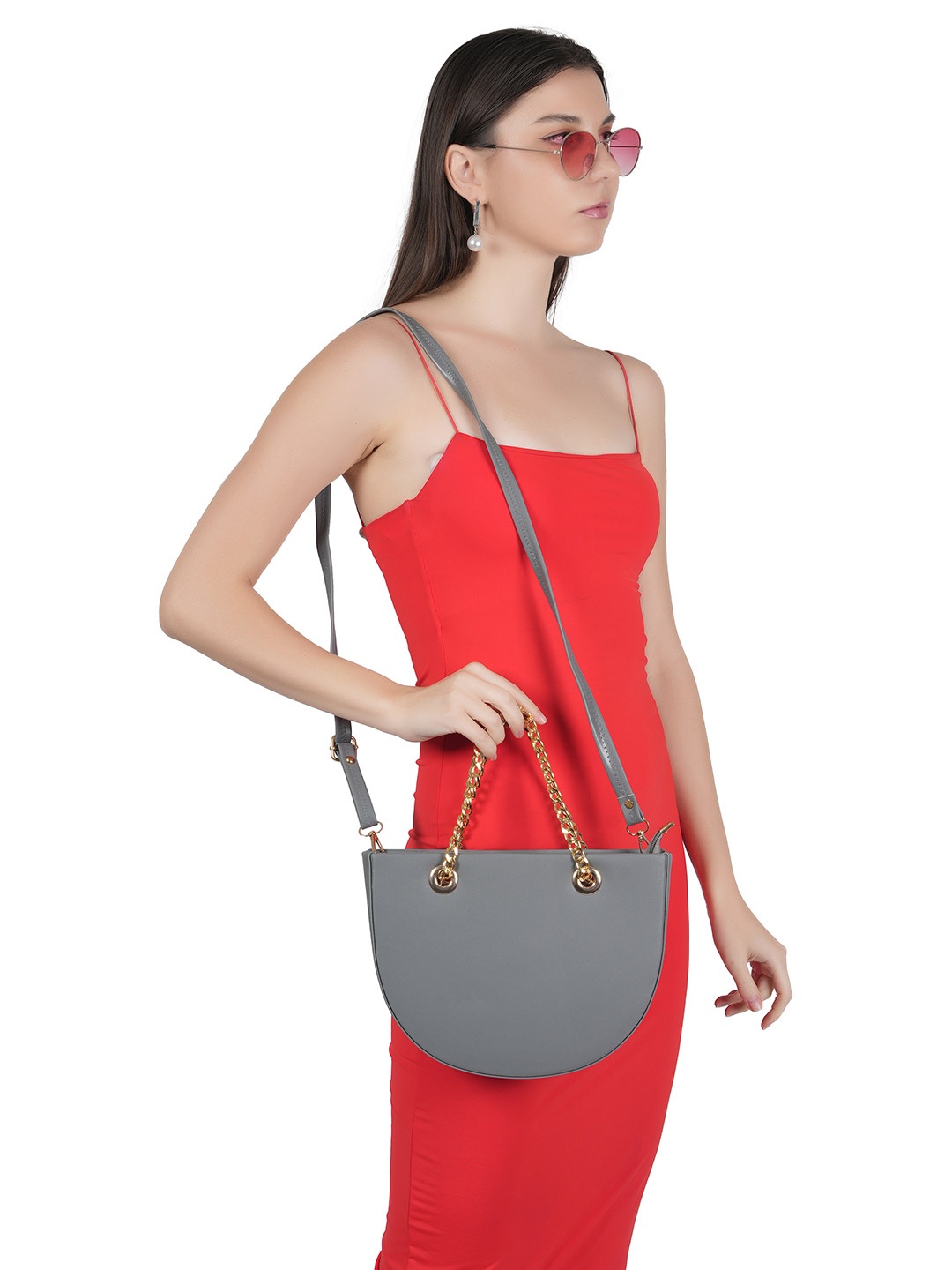 

Flingo Leather Structured Handheld Bag, Grey