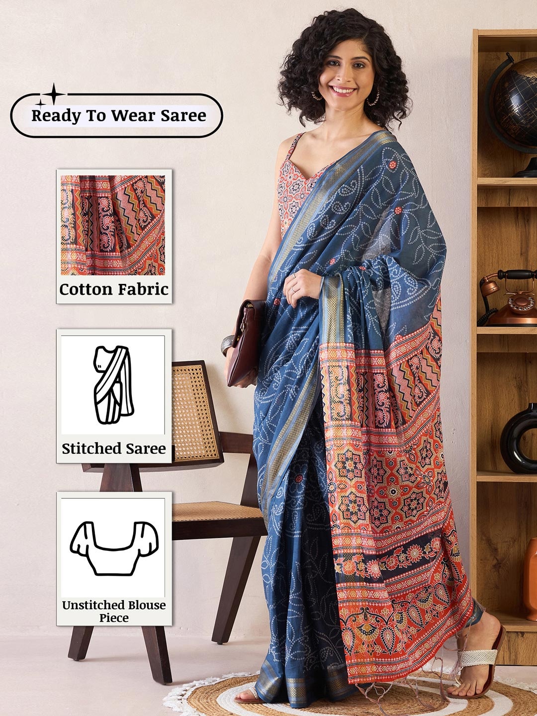 

Anouk Rustic Floral Ready to Wear Bagru Saree, Navy blue