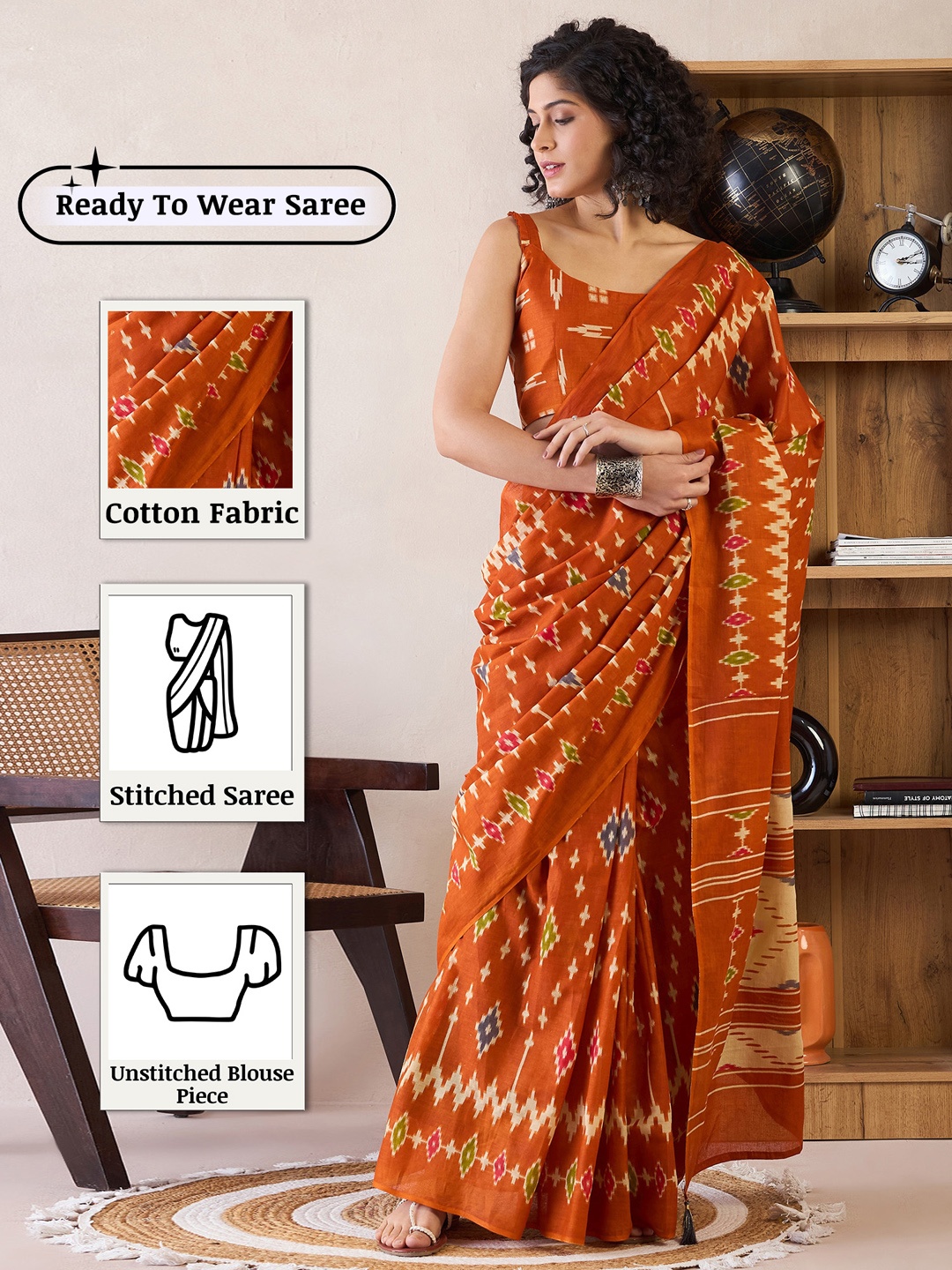 

Anouk Rustic Zari Ready to Wear Ikat Saree, Orange