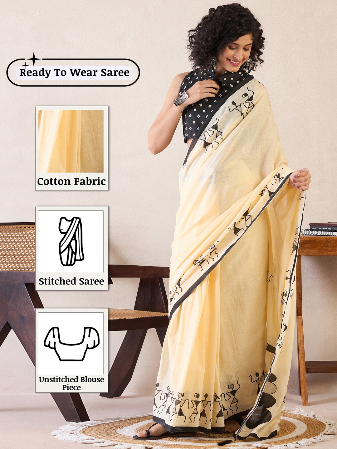 

Anouk Rustic Warli Ready to Wear Bagh Saree, Yellow