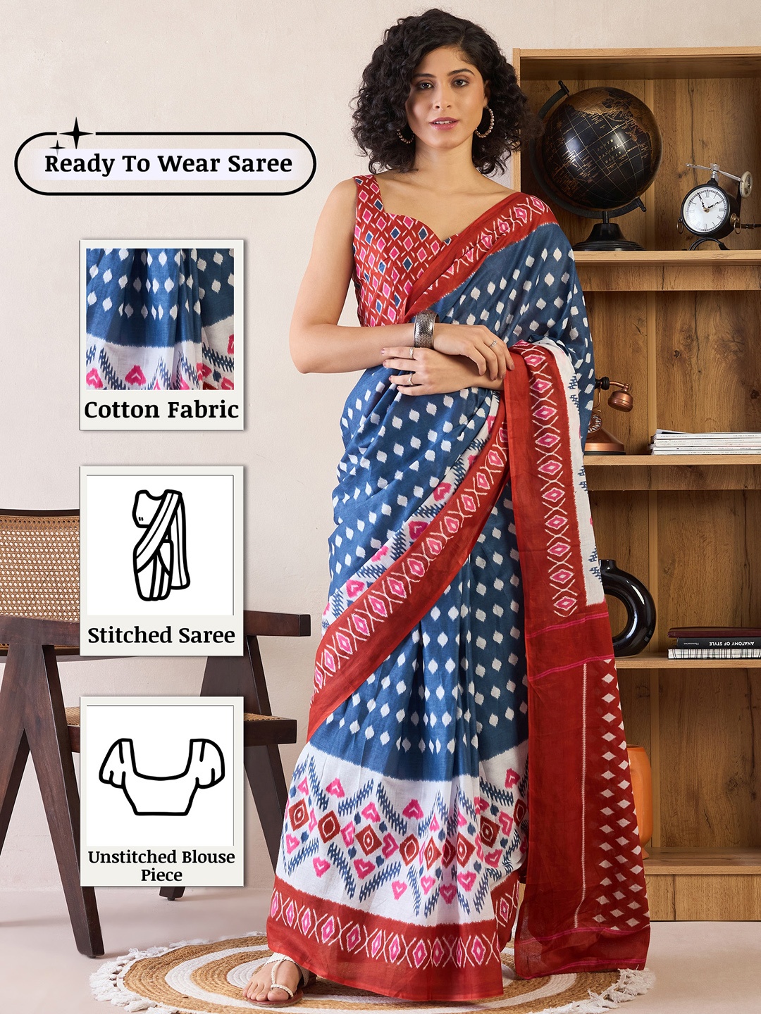 

Anouk Rustic Ready to Wear Ikat Saree, Navy blue