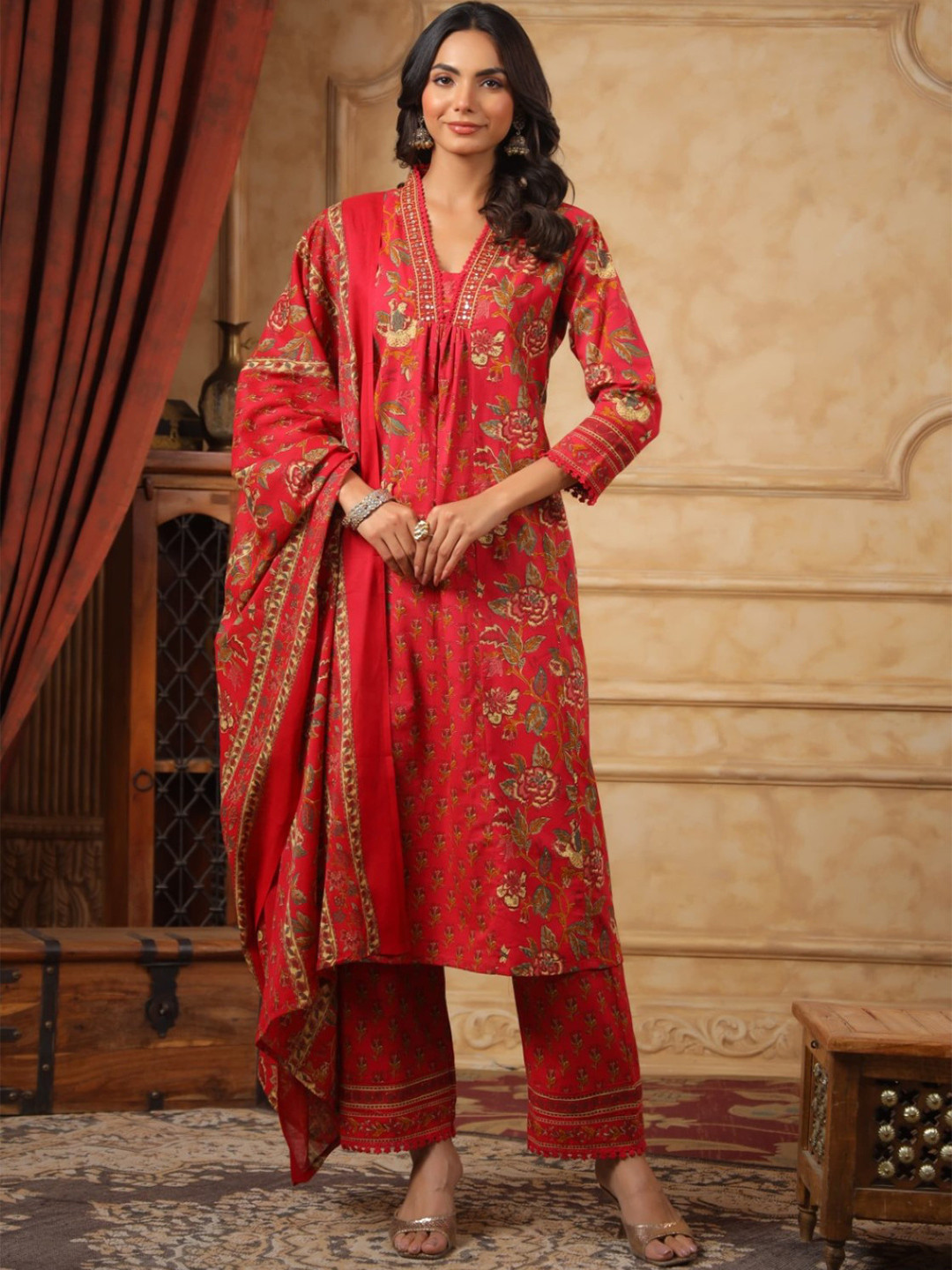 

AUTUMN LANE Floral Printed V Neck Pure Cotton A-Line Kurta With Trouser & Dupatta, Red