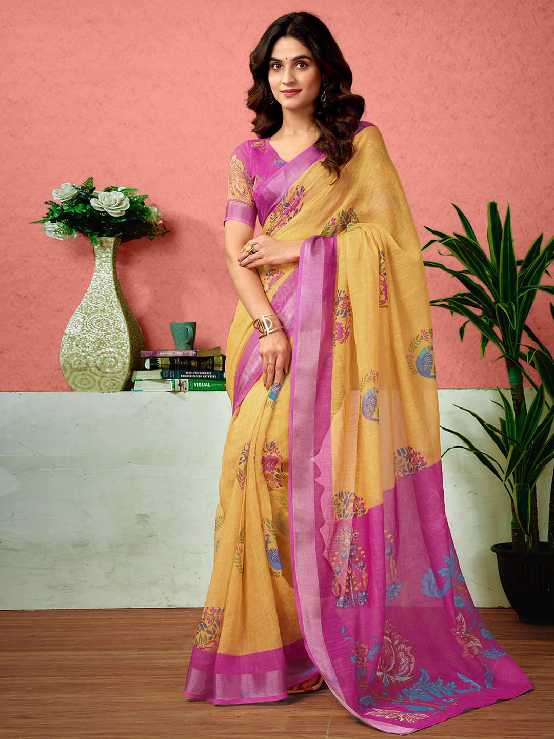 

Sangria Floral Printed Ready To Wear Saree With Unstitched Blouse, Yellow
