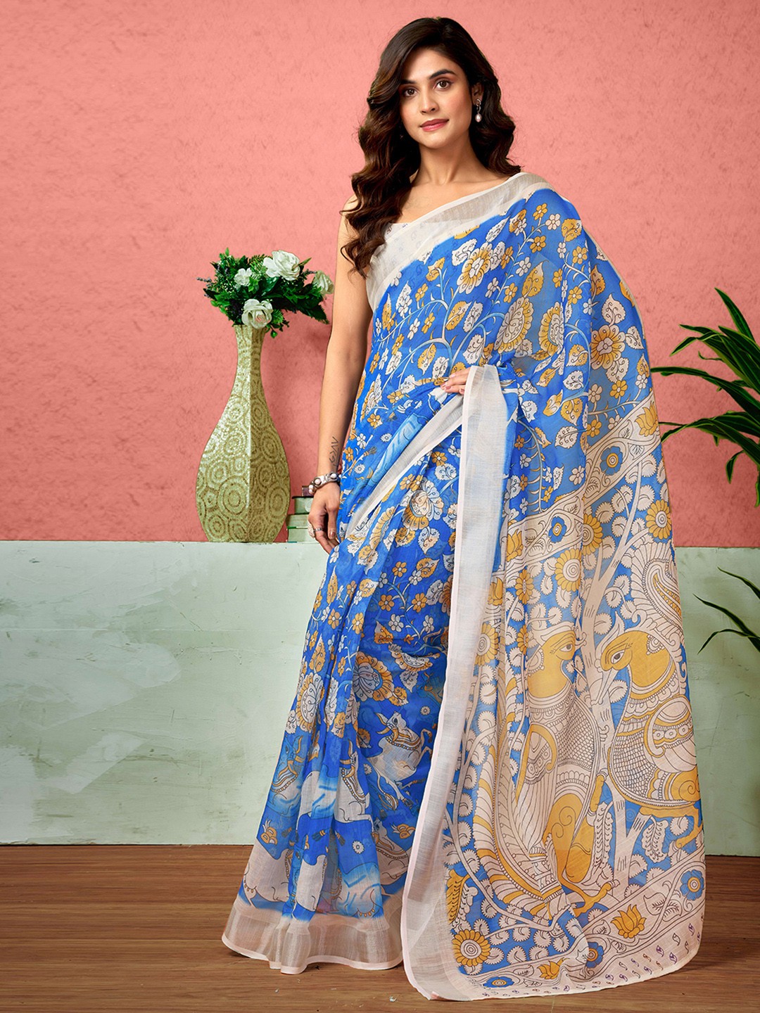 

Sangria Floral Printed Pure Linen Ready To Wear Saree With Unstitched Blouse, Navy blue