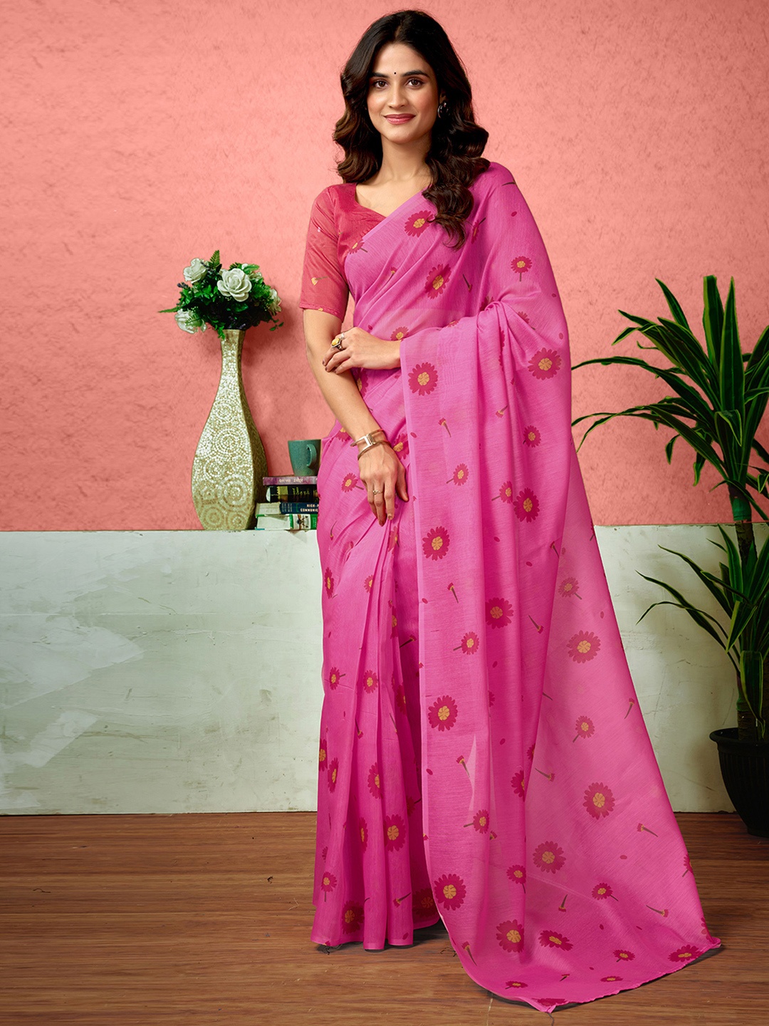 

Sangria Floral Printed Ready To Wear Saree With Unstitched Blouse, Pink