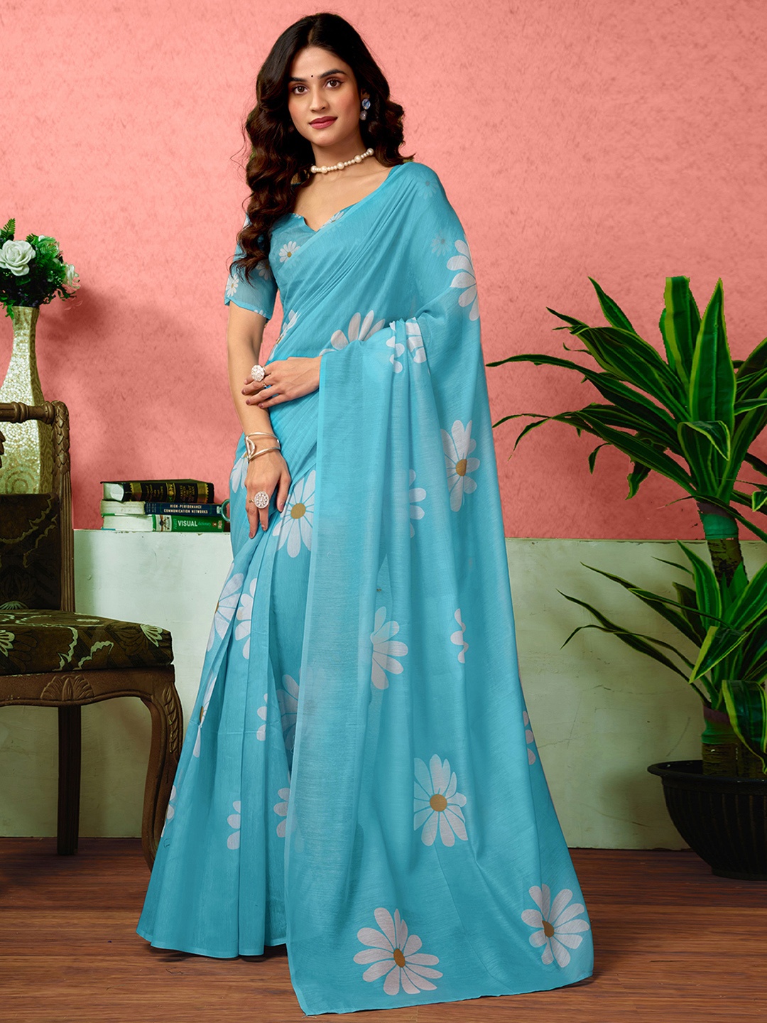 

Sangria Floral Printed Ready To Wear Saree With Unstitched Blouse, Blue