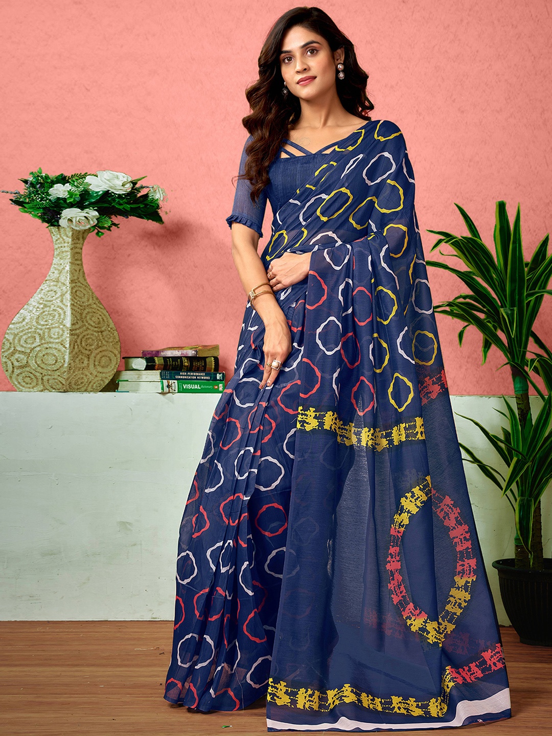 

Sangria Ethnic Motifs Printed Ready To Wear Saree With Unstitched Blouse, Navy blue