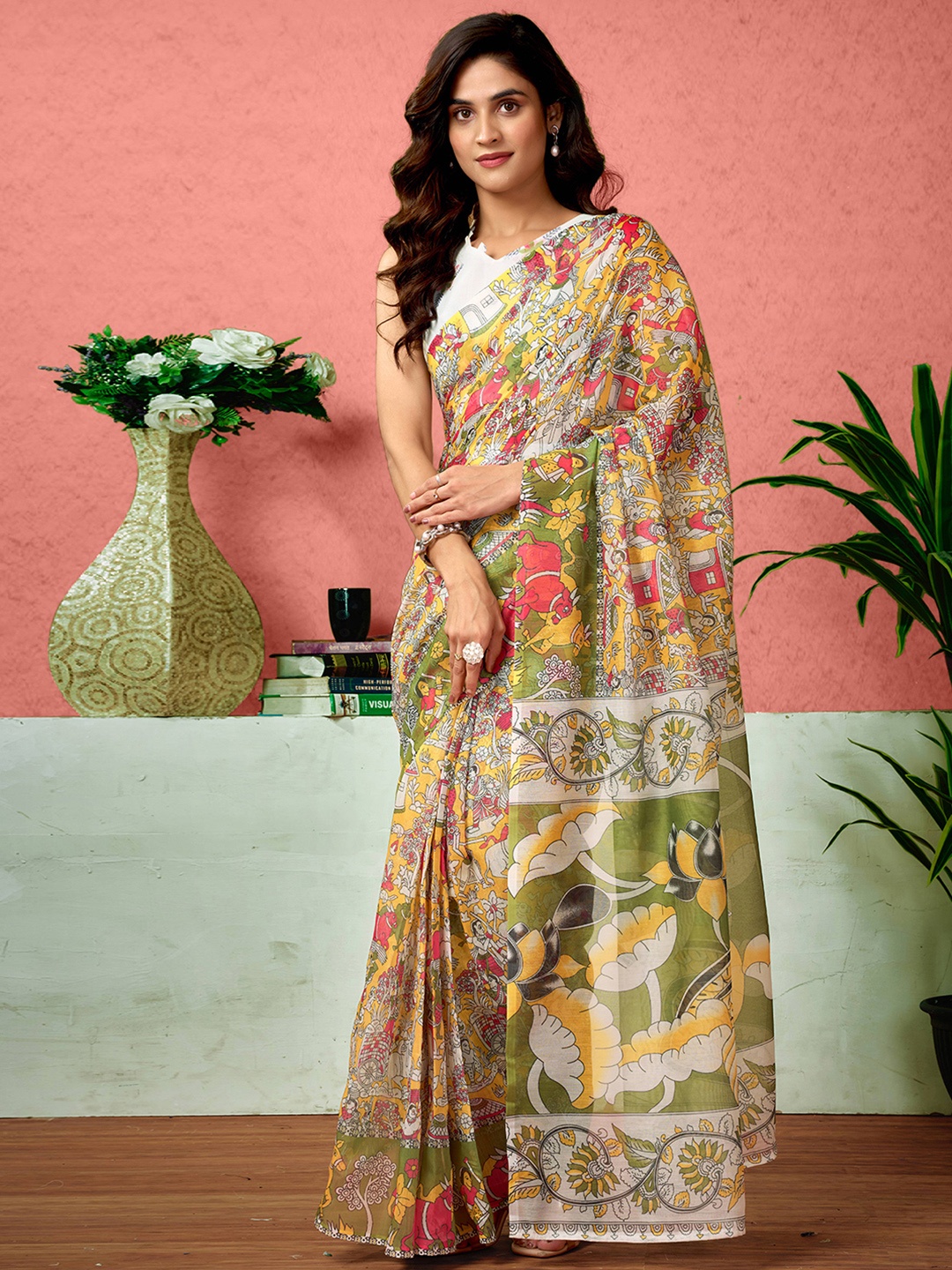 

Sangria Warli Printed Ready To Wear Saree With Unstitched Blouse, Yellow