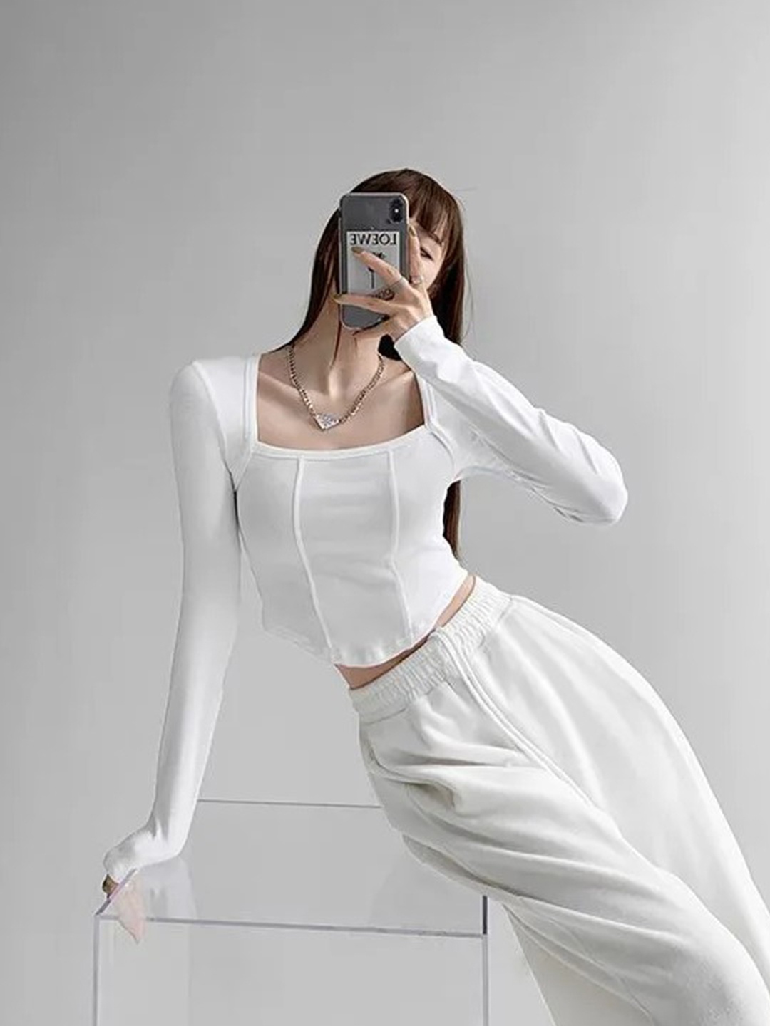 

Projas Long Sleeve Crop Corset Top, White