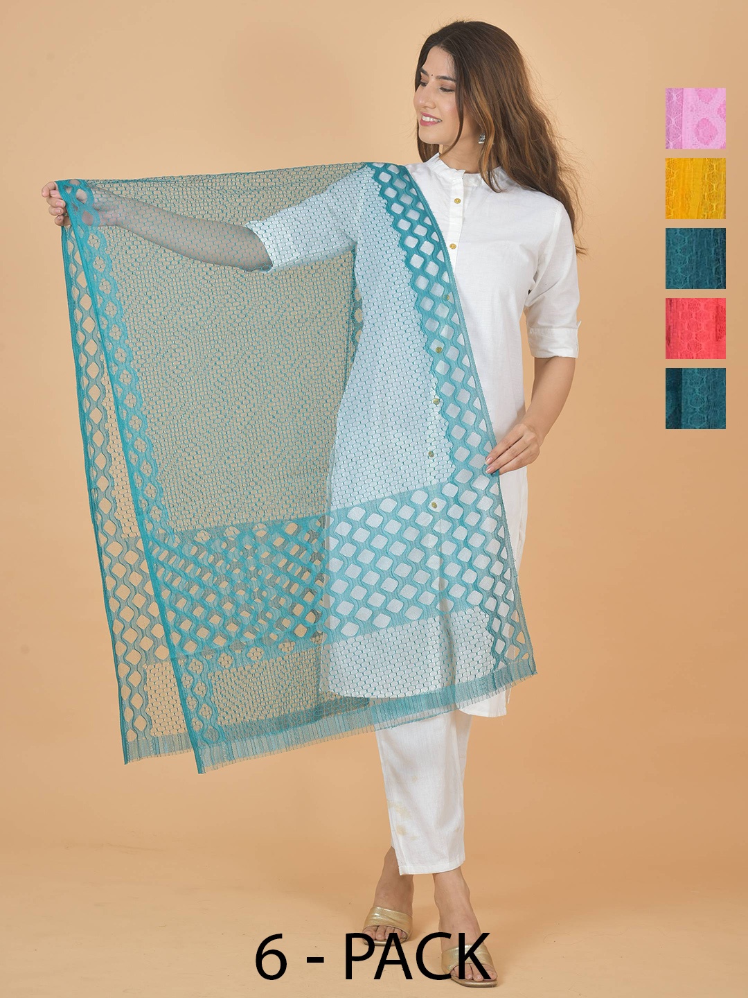 

LA FEMINAE Selection Of 6 Geometric Woven Design Dupatta, Pink
