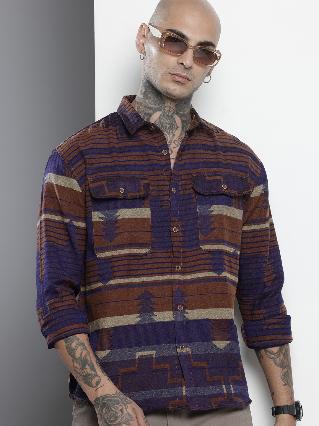 

The Indian Garage Co Self-Design Geometric Drop-Shoulder Sleeves Relaxed Fit Casual Shirt, Brown