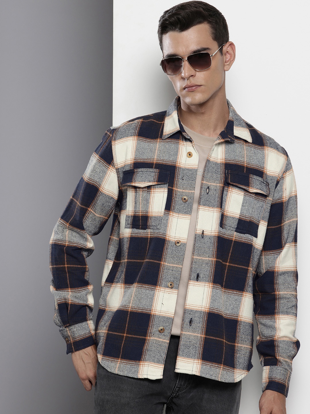 

The Indian Garage Co Pure Cotton Opaque Checked Casual Shirt, Navy blue