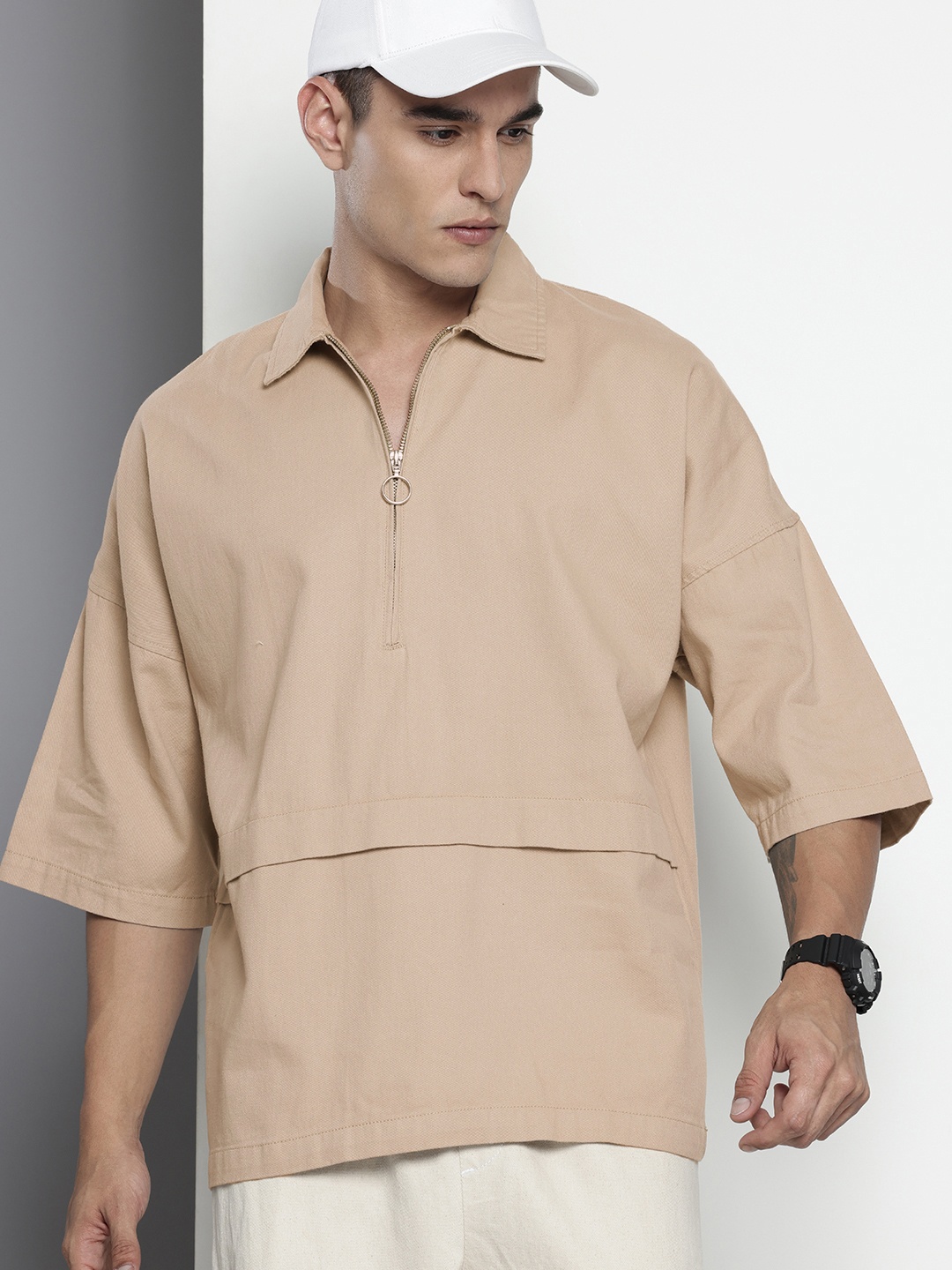 

The Indian Garage Co. Oversized Fit Pure Cotton Casual Shirt, Beige