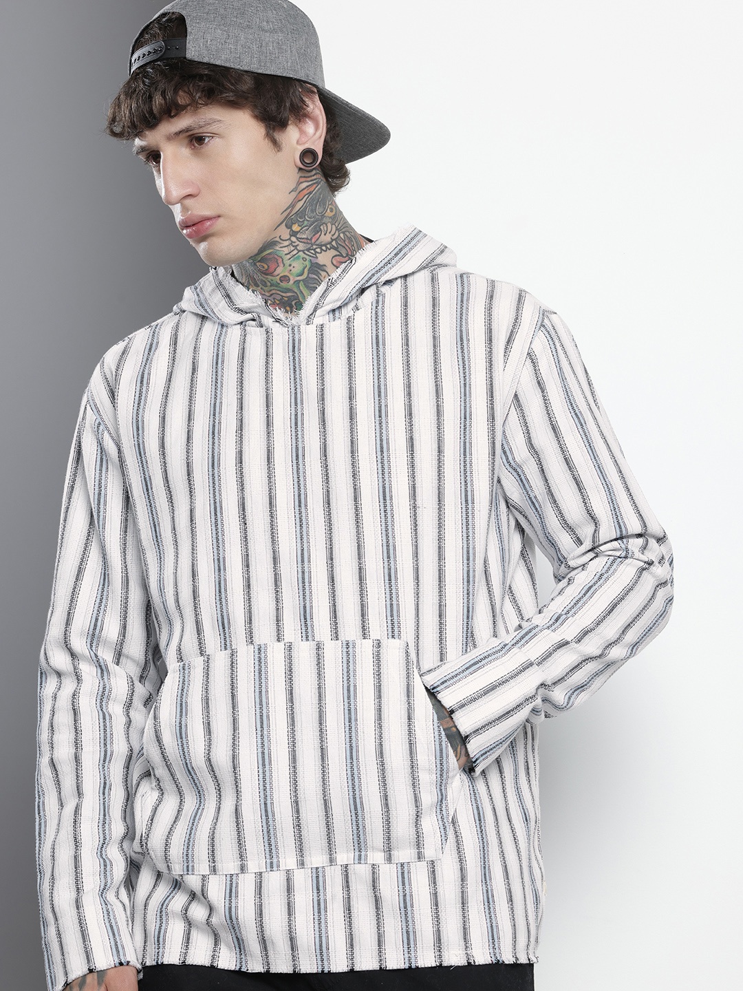 

The Indian Garage Co Pure Cotton Striped Hooded Relaxed Fit Sweatshirt, White