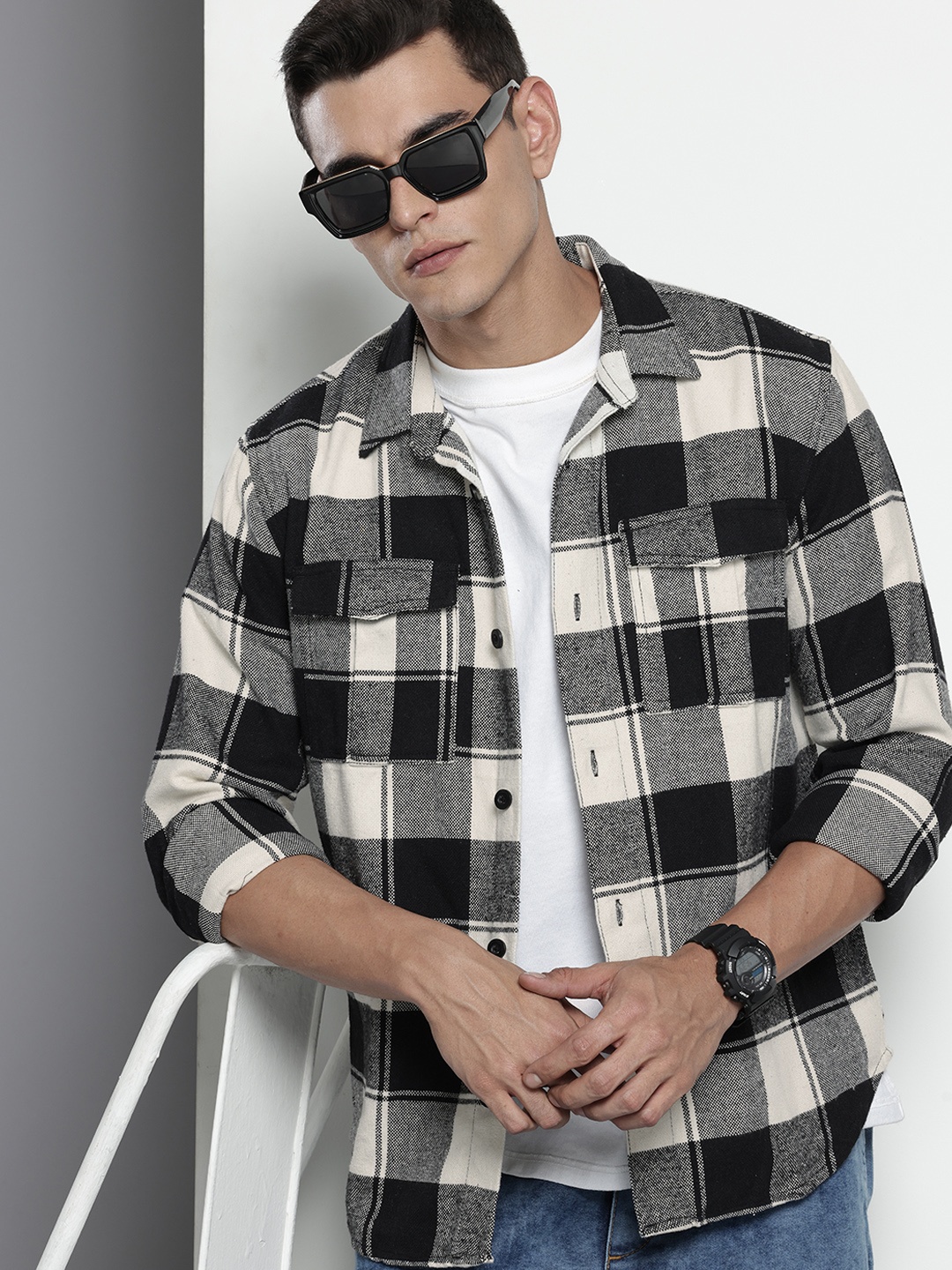 The Indian Garage Co Pure Cotton Opaque Checked Casual Shirt, Black