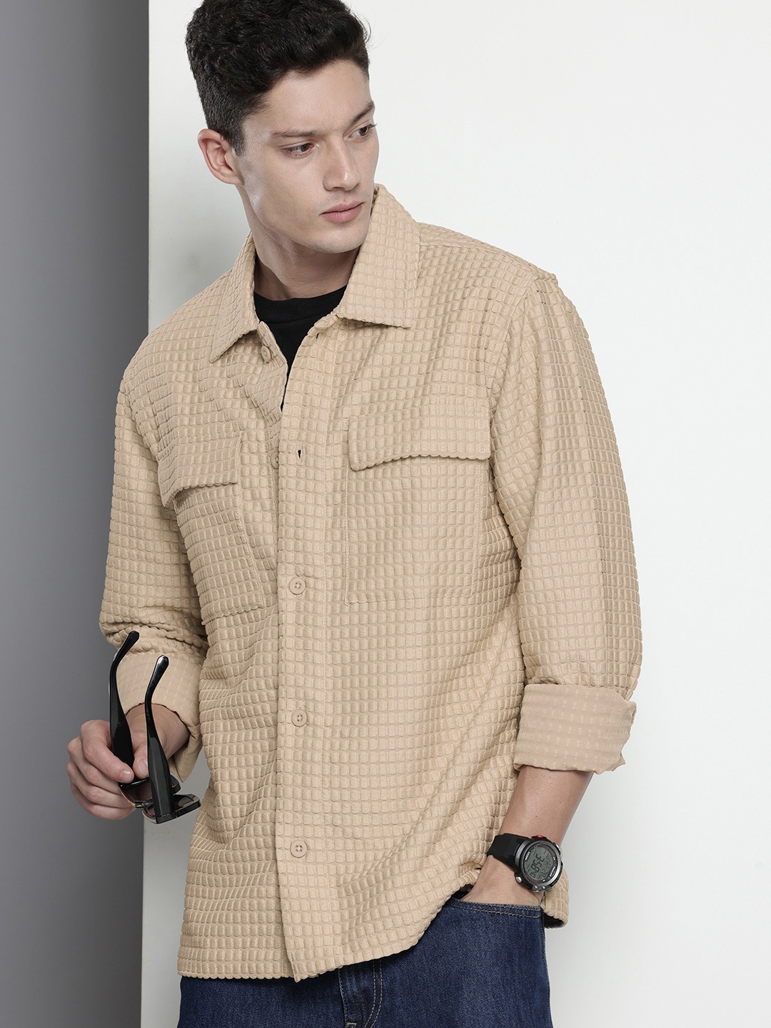 The Indian Garage Co Textured Opaque Casual Shirt, Beige