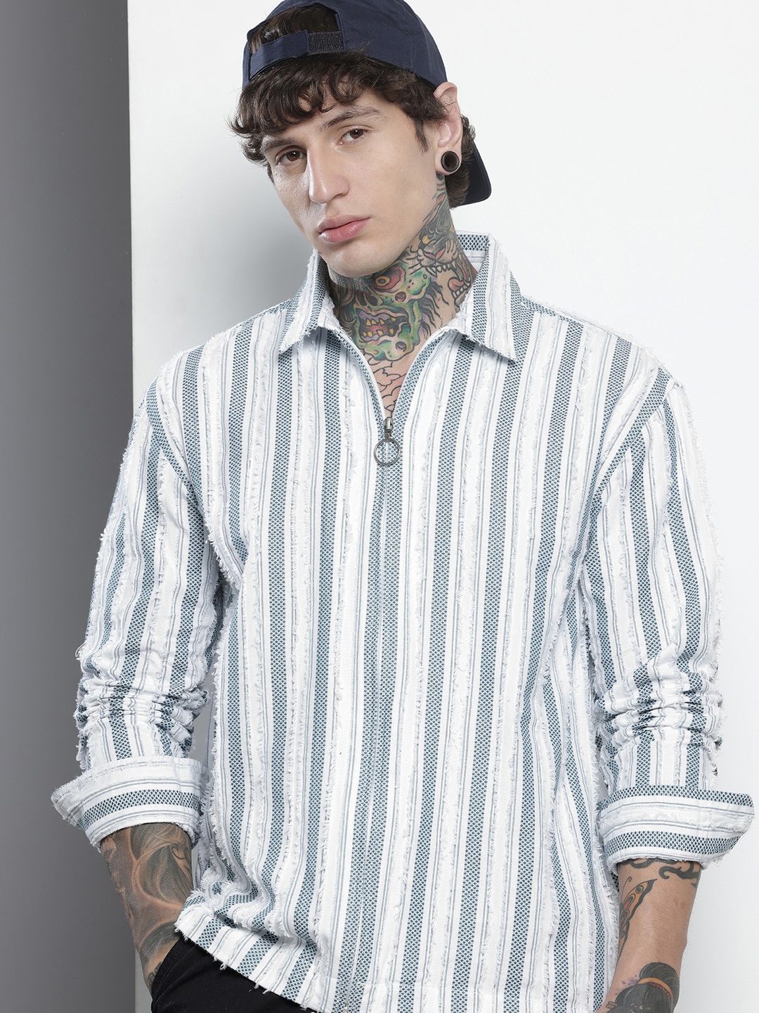 

The Indian Garage Co Pure Cotton Striped Drop-Shoulder Sleeves Relaxed Casual Shirt, Teal