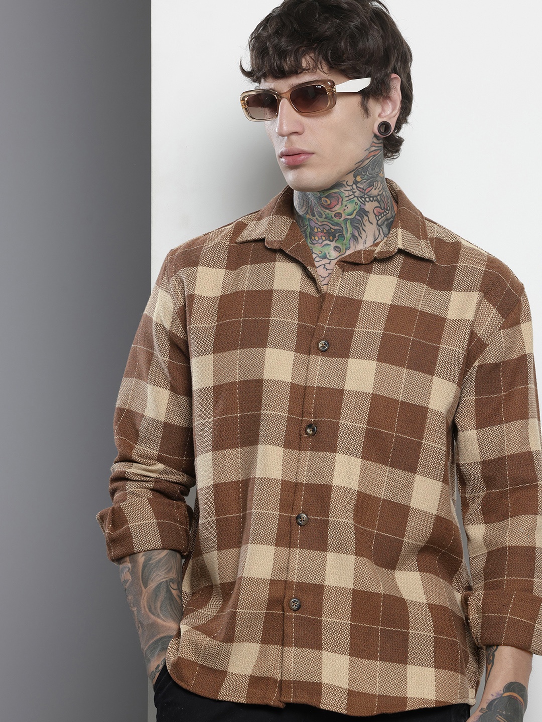 

The Indian Garage Co Pure Cotton Checked Drop-Shoulder Sleeves Relaxed Fit Casual Shirt, Brown