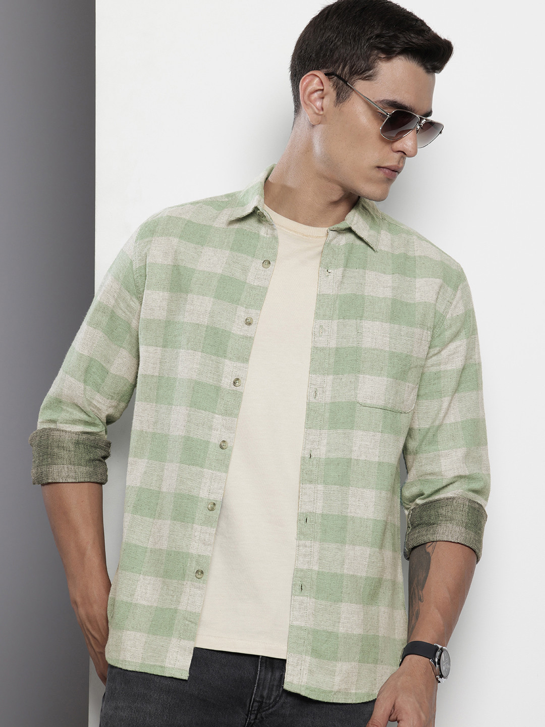 

The Indian Garage Co Pure Cotton Slim Fit Buffalo Checks Casual Shirt, Green
