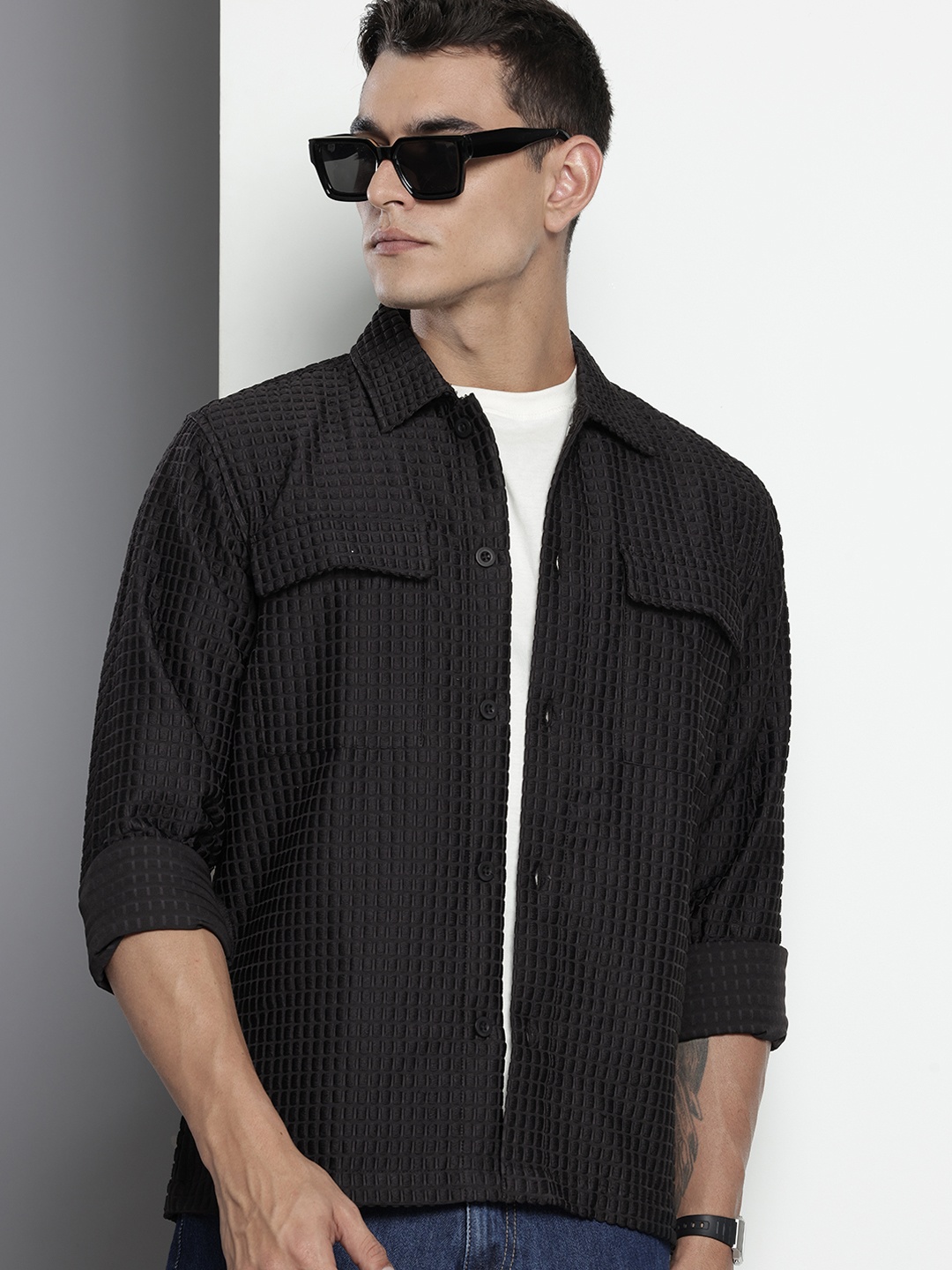 

The Indian Garage Co Self Design Textured Casual Shirt, Black