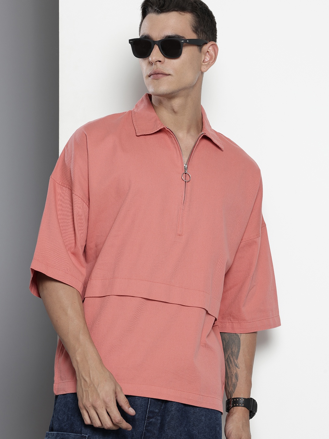 

The Indian Garage Co Pure Cotton Half Zipper Oversized Casual Shirt, Rose
