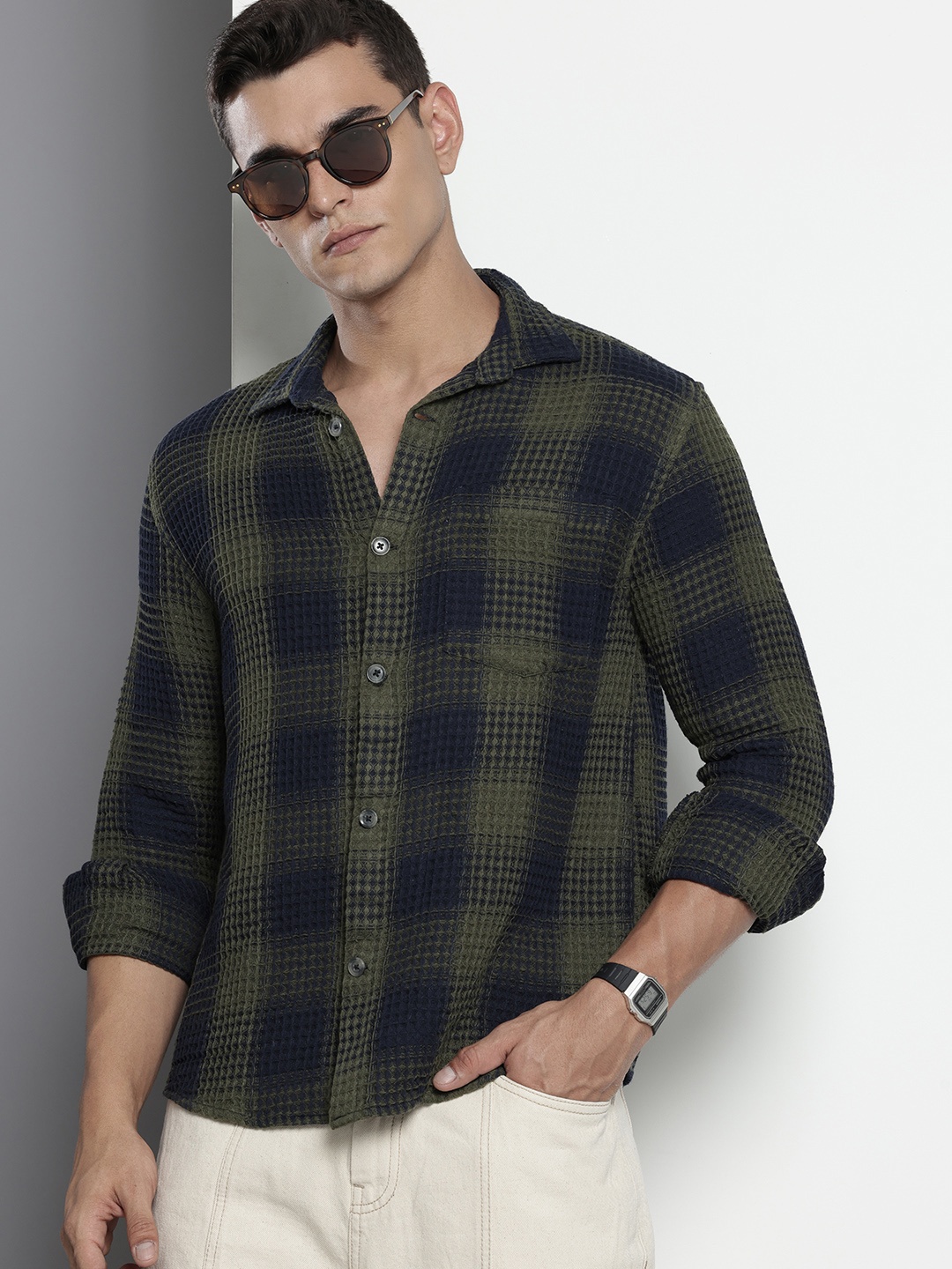 

The Indian Garage Co. Relaxed Fit Opaque Checked Textured Casual Shirt, Olive