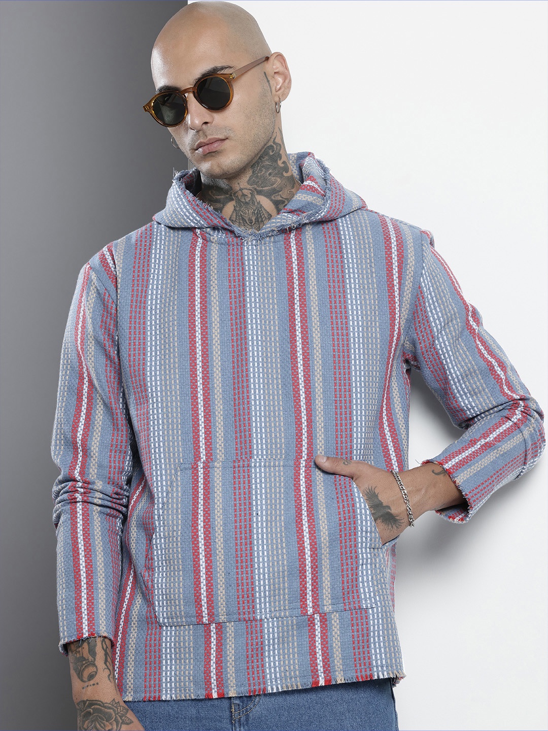 The Indian Garage Co Self Striped Hooded Pure Cotton Sweatshirt, Blue