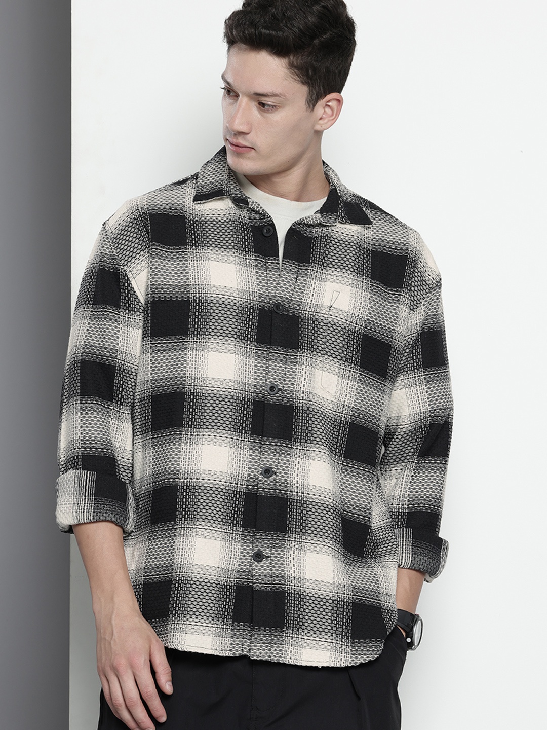 

The Indian Garage Co Pure Cotton Textured Opaque Checked Casual Shirt, Black