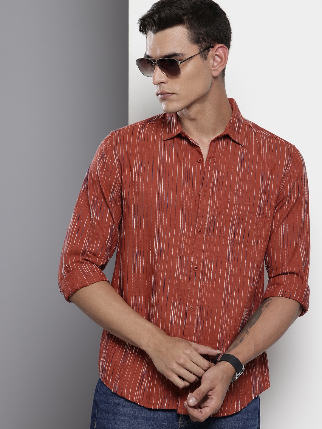 

The Indian Garage Co Slim Fit Opaque Self Striped Casual Shirt, Rust