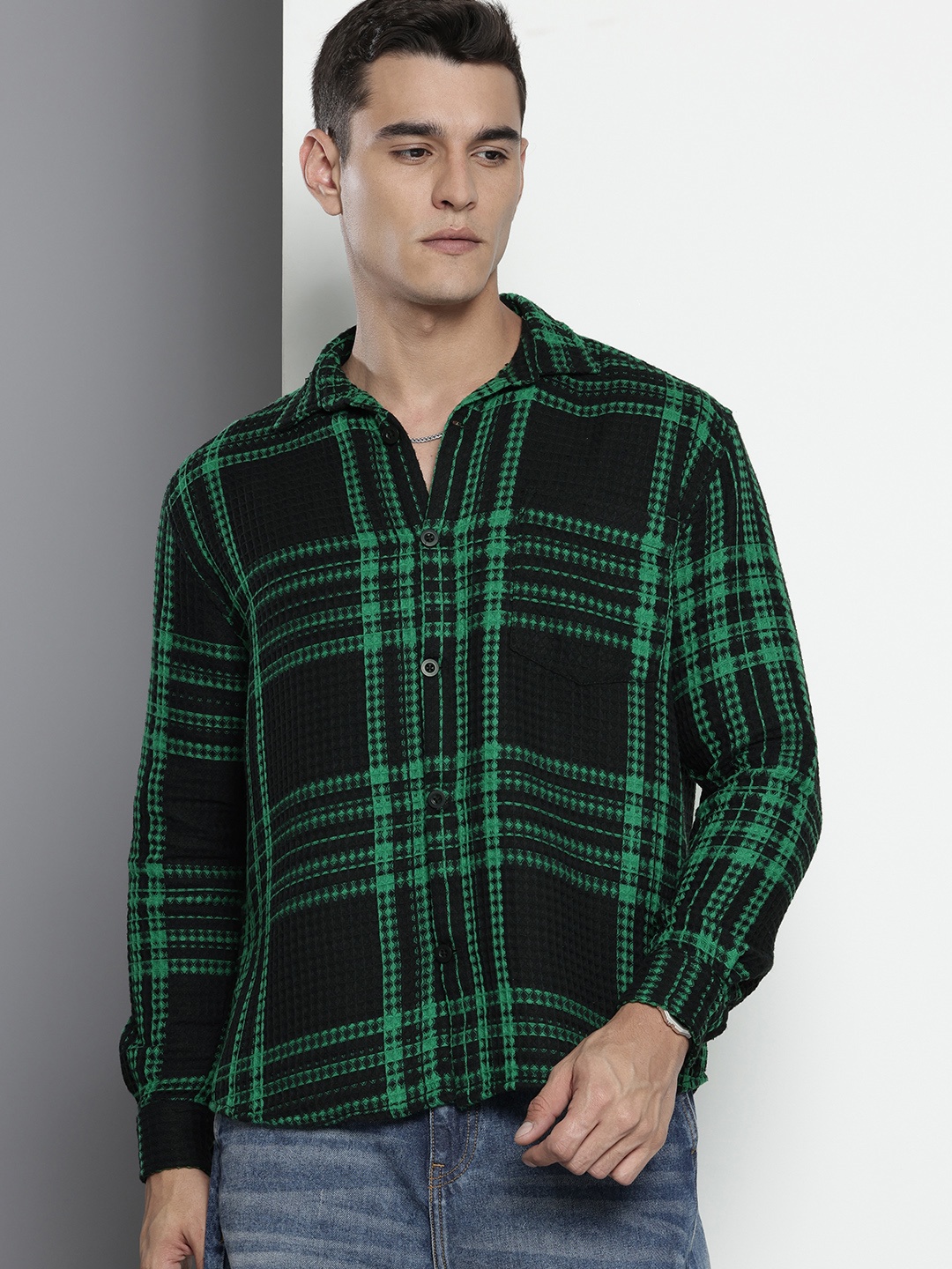 

The Indian Garage Co. Relaxed Fit Opaque Checked Textured Casual Shirt, Black