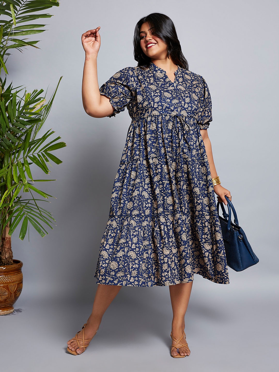 

Globus Gloplus Mandarin Collar Puff Sleeves Floral Print A-Line Midi Plus Size Dress, Blue