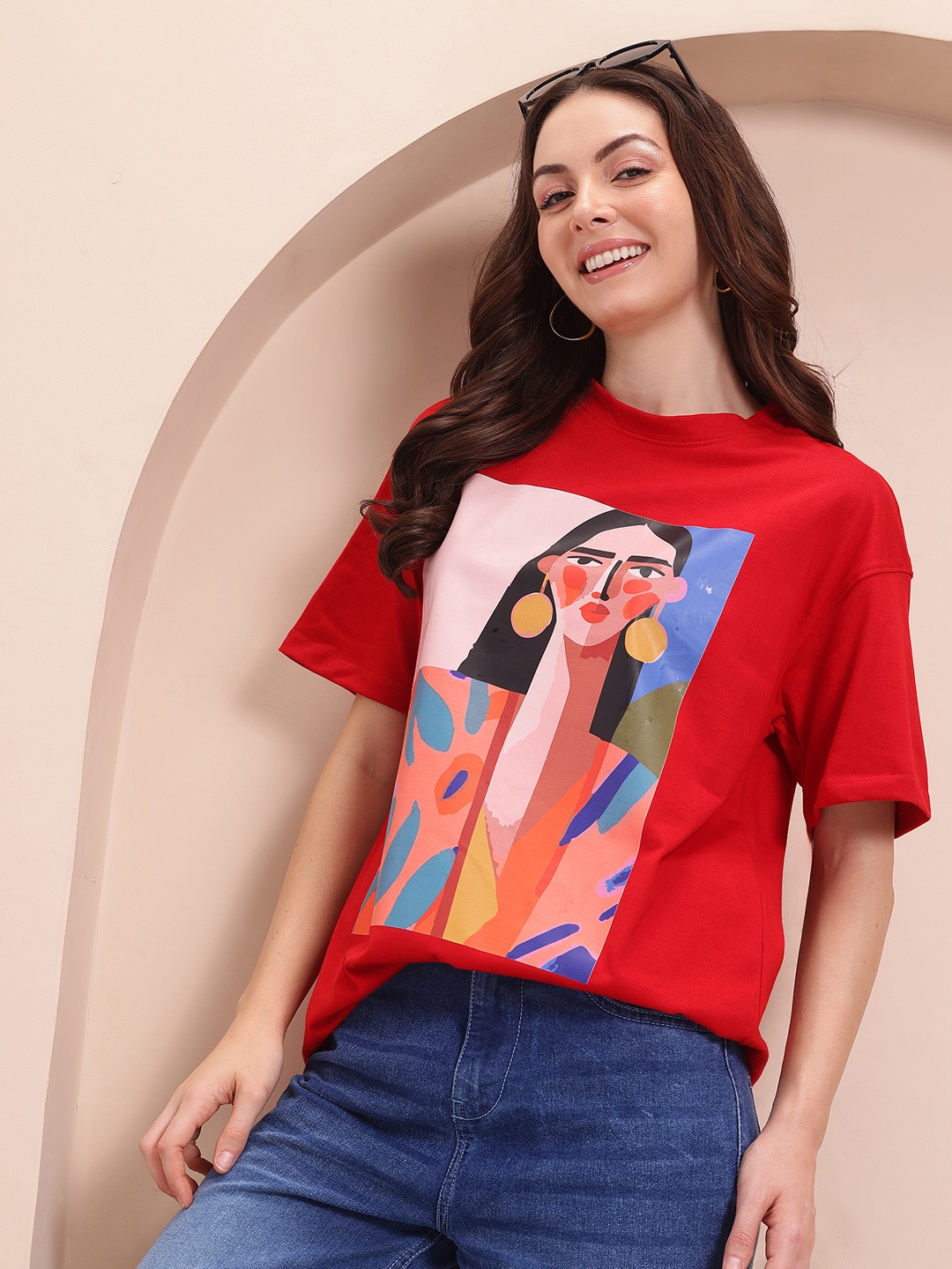

Mast & Harbour Women Printed Drop-Shoulder Sleeves Pure Cotton T-shirt, Red