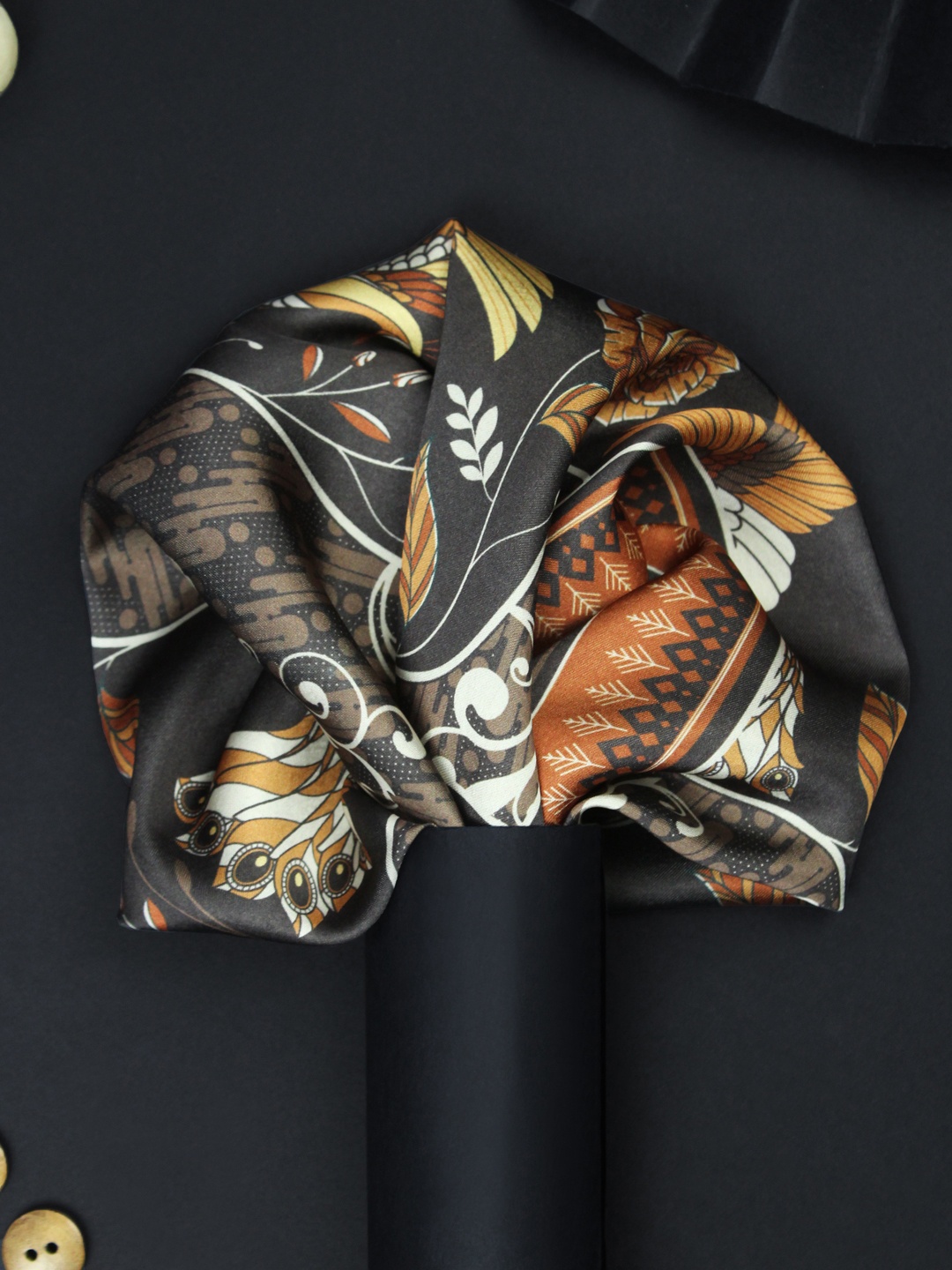 

House of Pataudi Peacock Printed Pocket Square, Black
