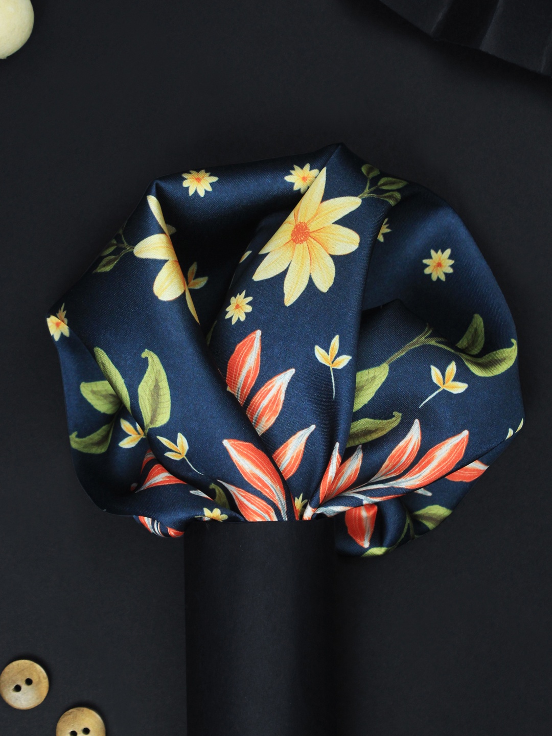 

House of Pataudi Autumn Blooms Printed Pocket Square, Navy blue