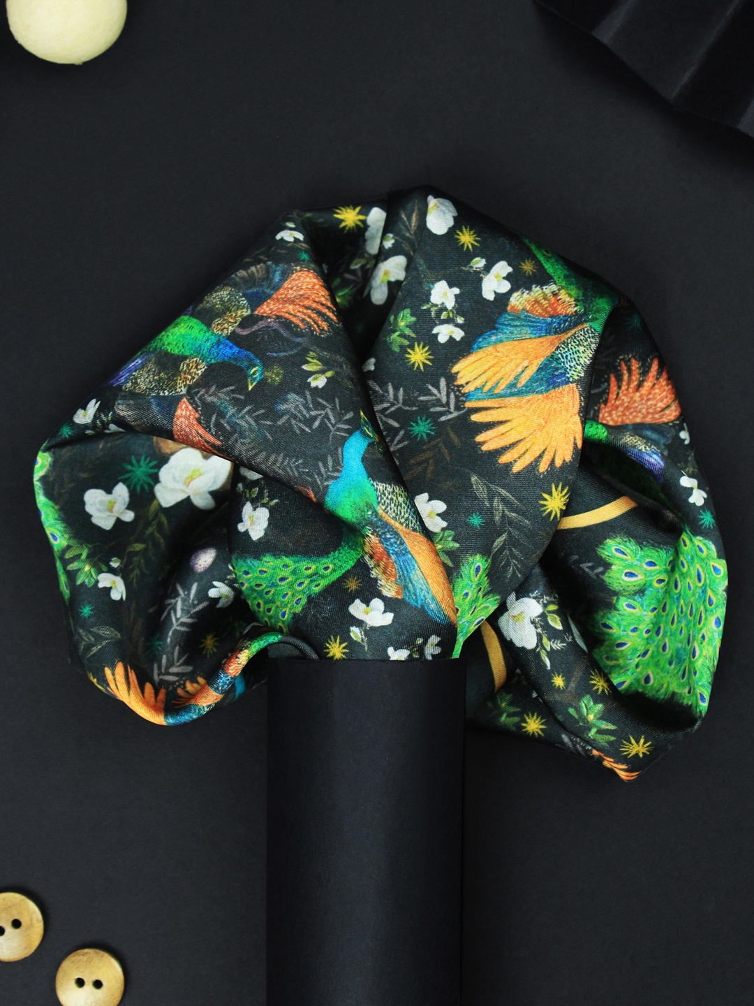 

House of Pataudi Crimson Bloom Printed Pocket Square, Black